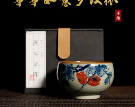 飞野陶瓷景德镇柴窑纯手绘柿柿如意罗汉杯居家...
