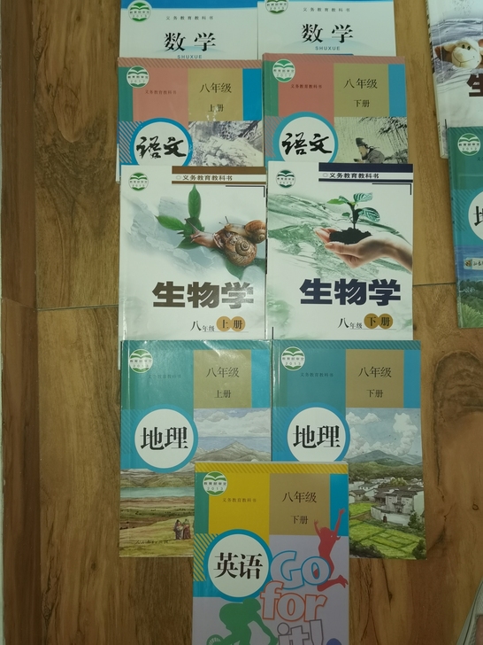 处理八年级数学语文生物地理上下册各一本,英...