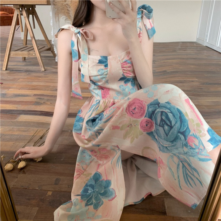 碎花蝴蝶结连衣裙修身显瘦长裙