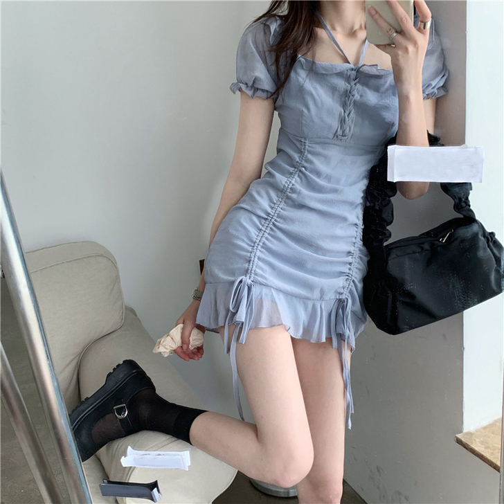 复古小个子泡泡袖高腰裙子小心机仙女春夏显瘦...