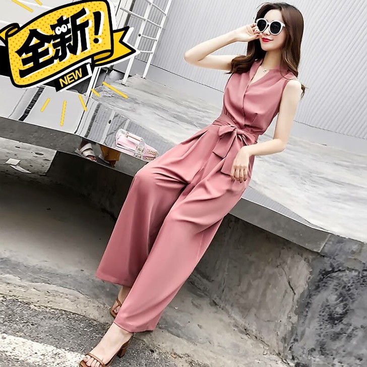 气质无袖阔腿连体裤女2021新款高腰v领宽...