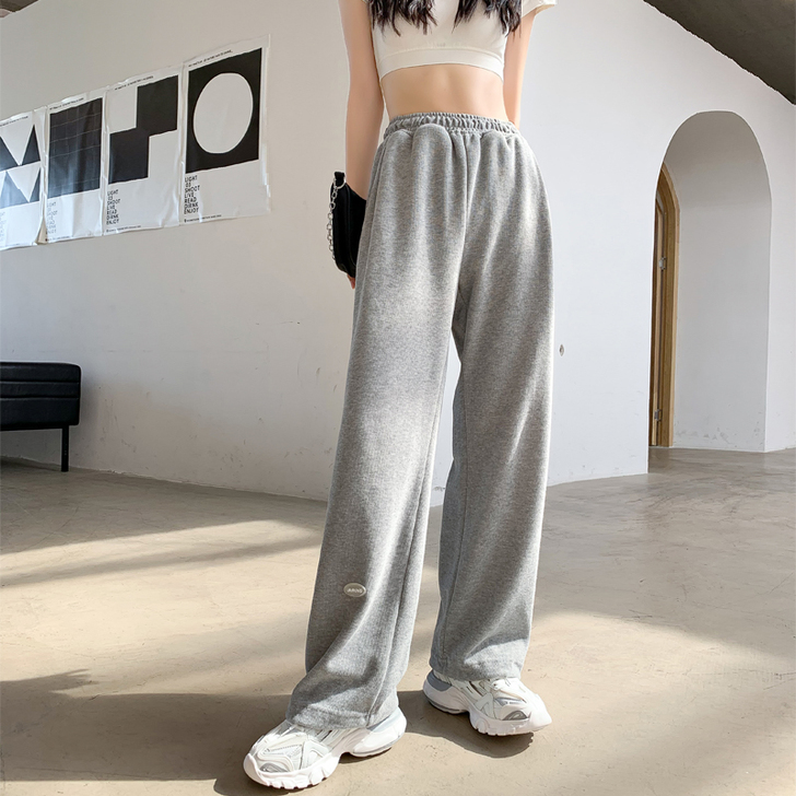 灰色休闲加绒加厚裤子运动裤女秋冬宽松束脚卫...