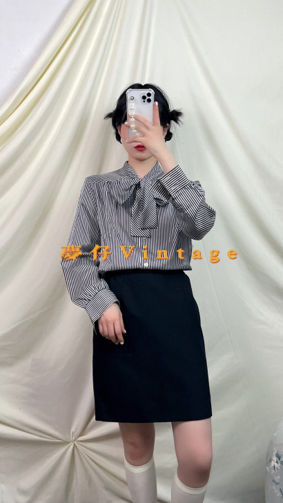 Vintage古着复古日系港风黑白条纹衬衫
