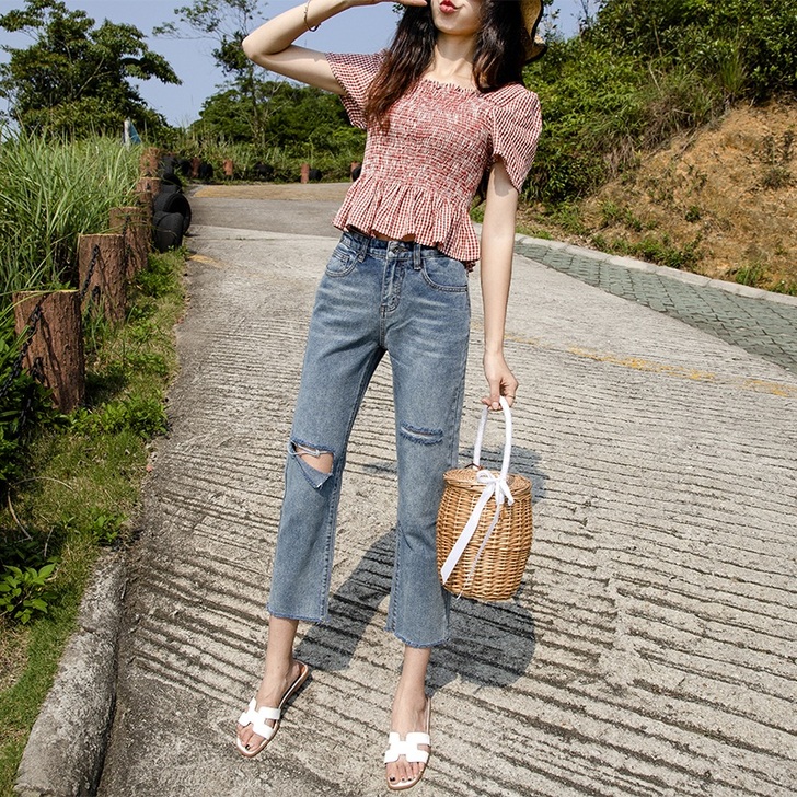 破洞牛仔裤女宽松秋季裤子女2020韩版高腰...