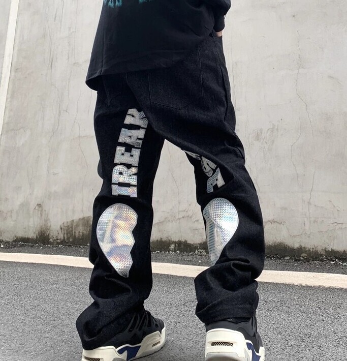 高街美式hiphop裤子宽松爱心牛仔裤男嘻...