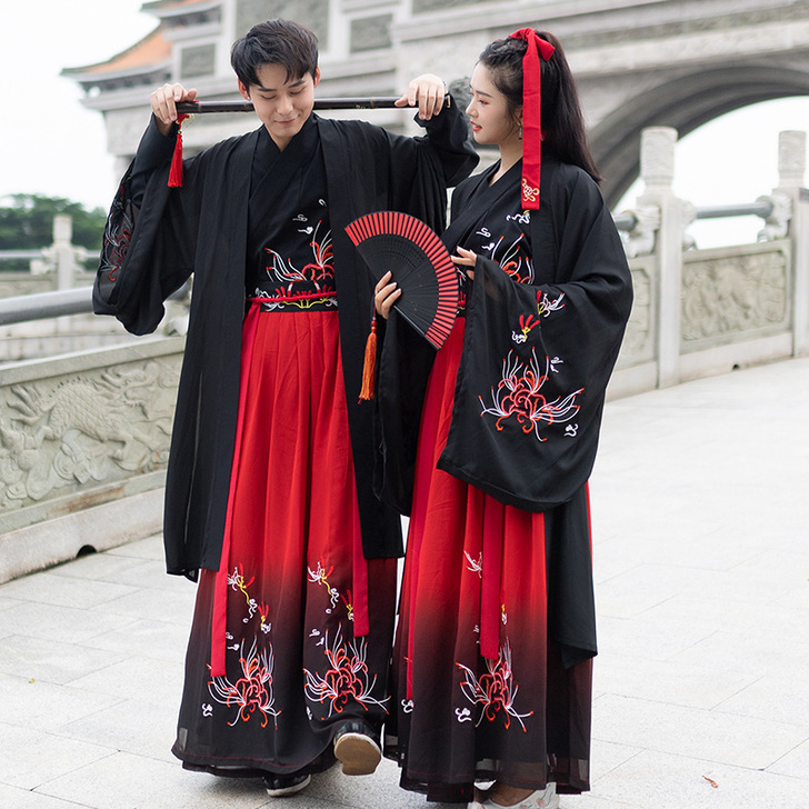 彼岸花红黑汉服男武侠风套装古装侠客书生男士...