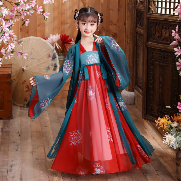 全新汉服女童中国古风抖音超仙连衣裙套装广袖...