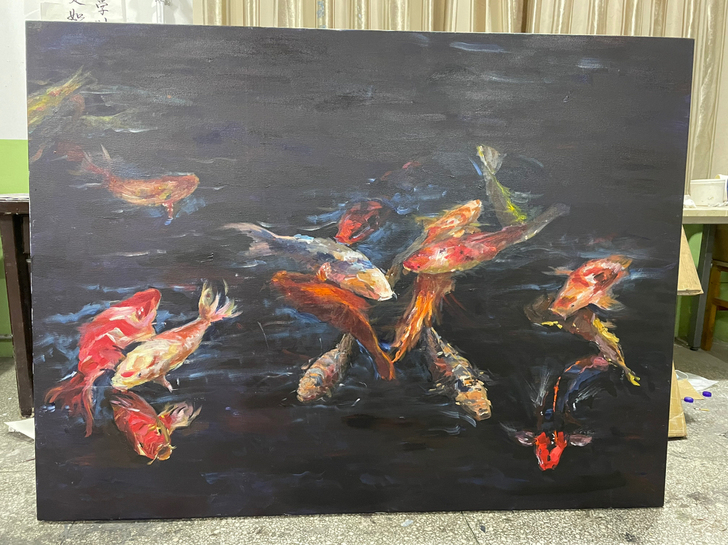 丙烯画,锦鲤。在油画布上面画的,用的好框子...