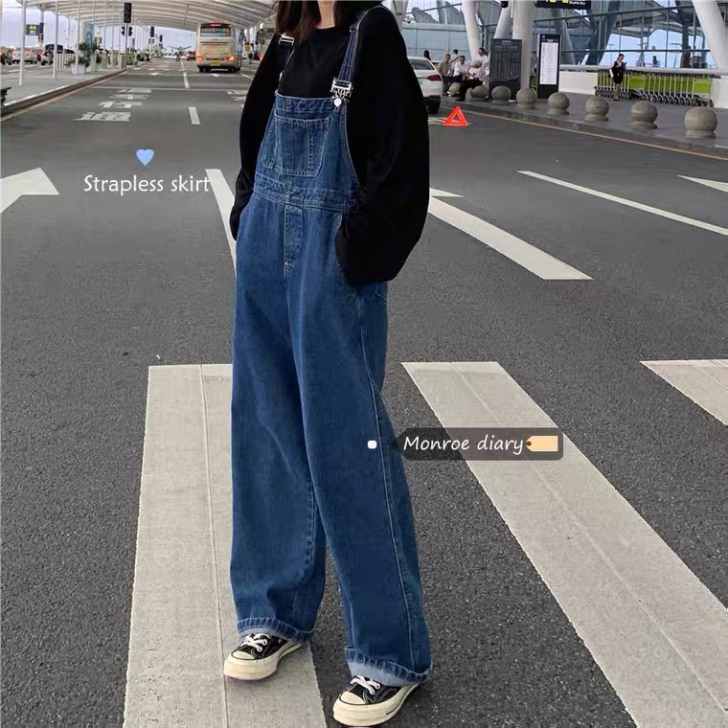 春秋韩版宽松盐系阔腿牛仔背带裤复古港味女夏...