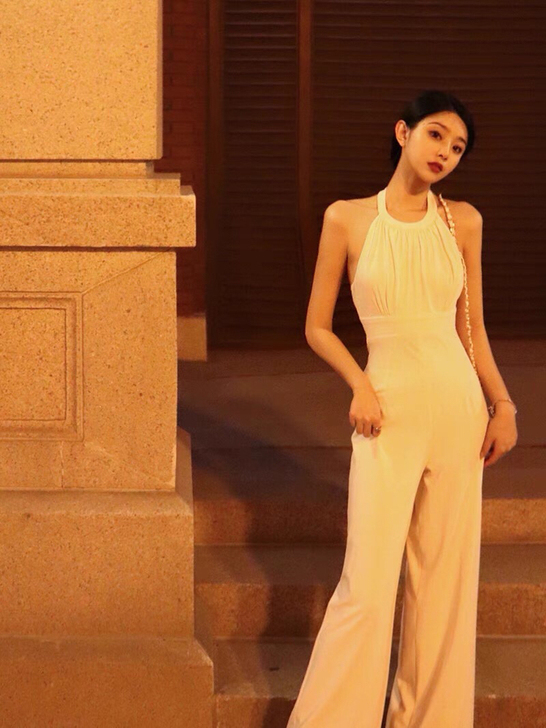 连体裤女夏长款夏季修身挂脖高腰阔腿裤子白色...