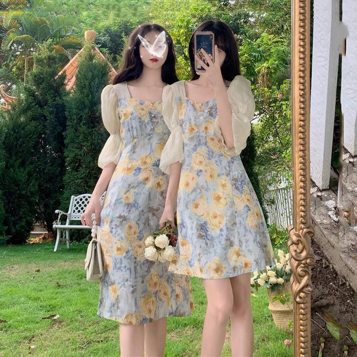 夏季2021新款甜美碎花气质很仙的中长款收...