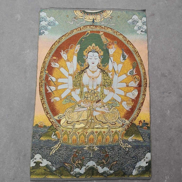 高品唐卡，宗教刺绣画 千手观音，丝绸刺绣织...
