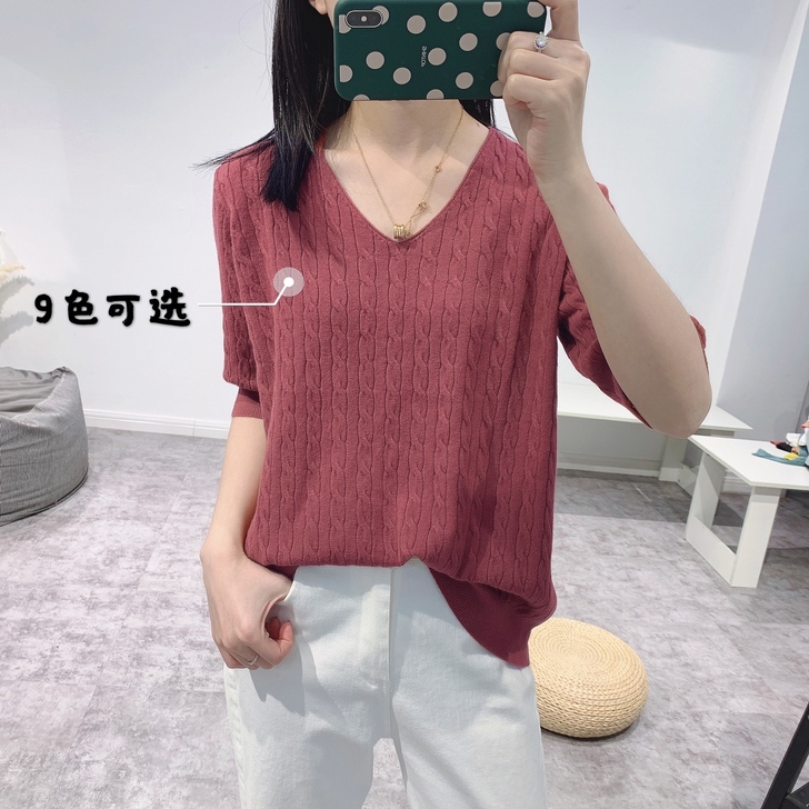 包邮～文艺范V领短袖薄款麻花针织衫毛衣女春...
