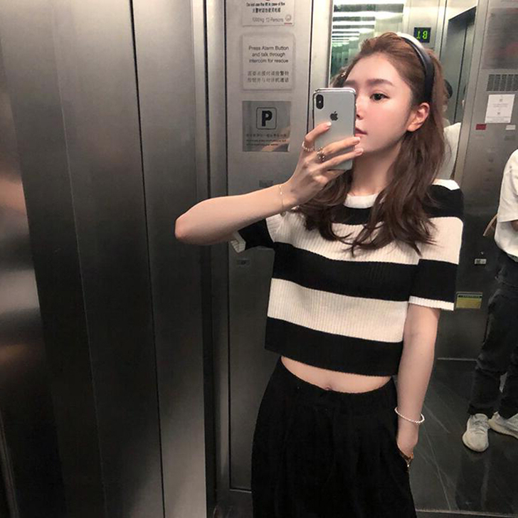 bm条纹露脐上衣女薄款夏季韩版学生宽松短款...