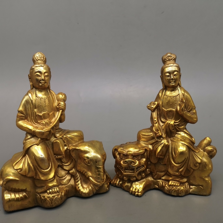 仿古黄铜鎏金铜器摆件文殊菩萨普贤菩萨一对,...