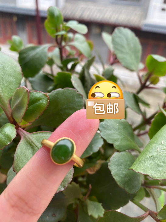 天然新疆和田碧玉戒指（925银镀古法金）