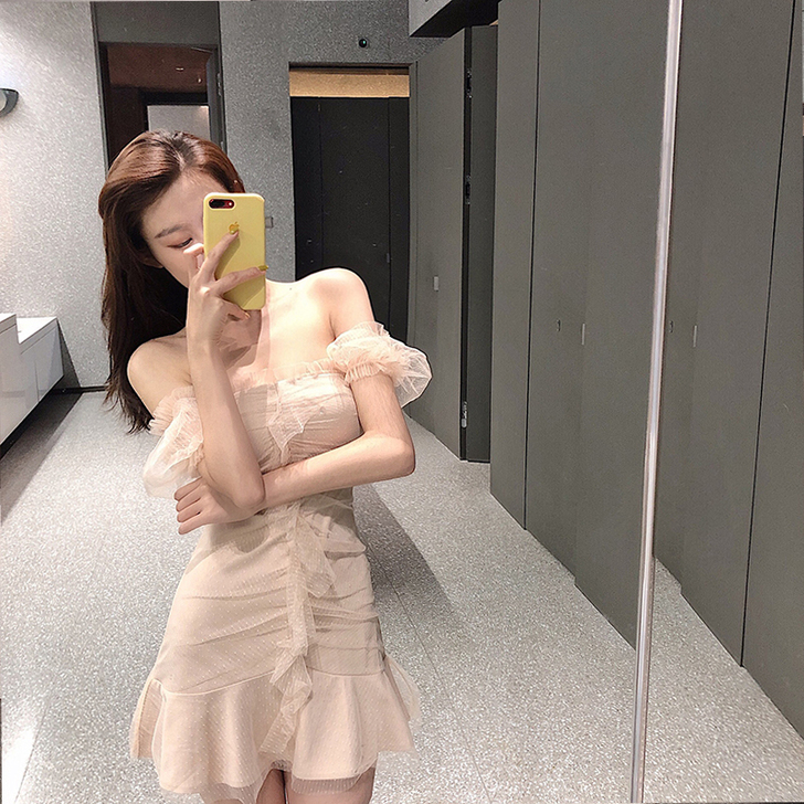 新款法式甜美仙女智熏桔梗裙子超仙森系一字肩...