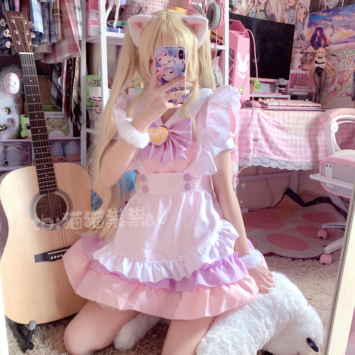 日系新款美少女女仆装粉色 女仆咖啡厅制服 ...
