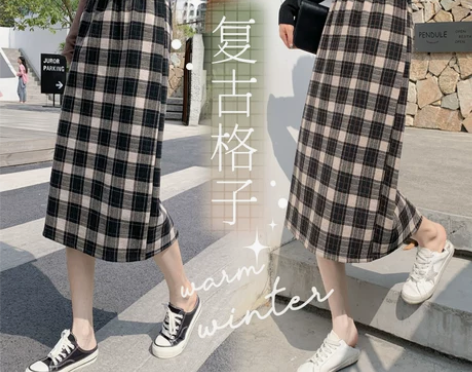 复古百搭格子包臀裙一步裙 秋冬款 中长款开...