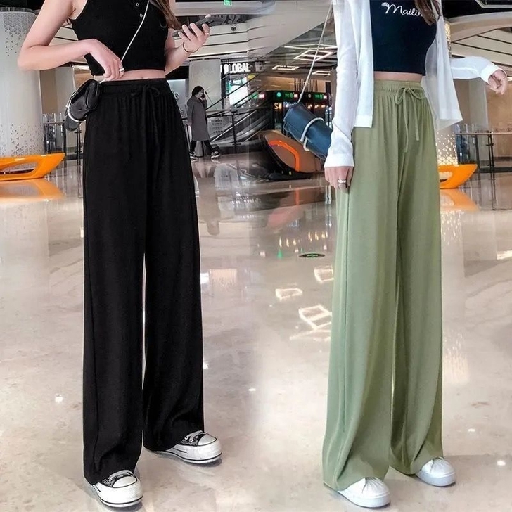 冰丝阔腿裤女夏季新款高腰垂感韩版休闲裤女学...