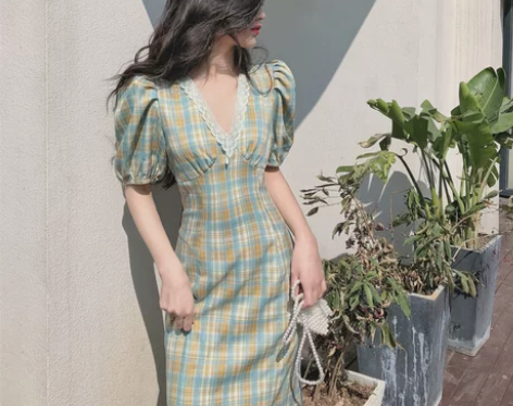 泫雅风格子长裙子ins超仙春夏装法式复古少...