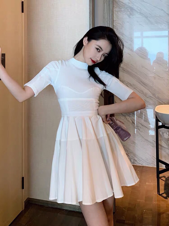 CINDY LAND小个子白色连衣裙高领女...