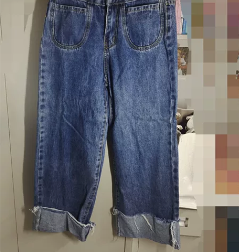 女夏季深蓝色卷边阔腿牛仔裤,弹力高腰,一尺...