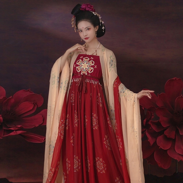正版汉服女唐制刺绣诃子裙忆萝绝美印花大袖衫...
