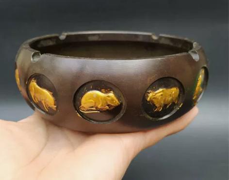 实心铜鎏金烟灰缸复古十二生肖家居摆件 ...