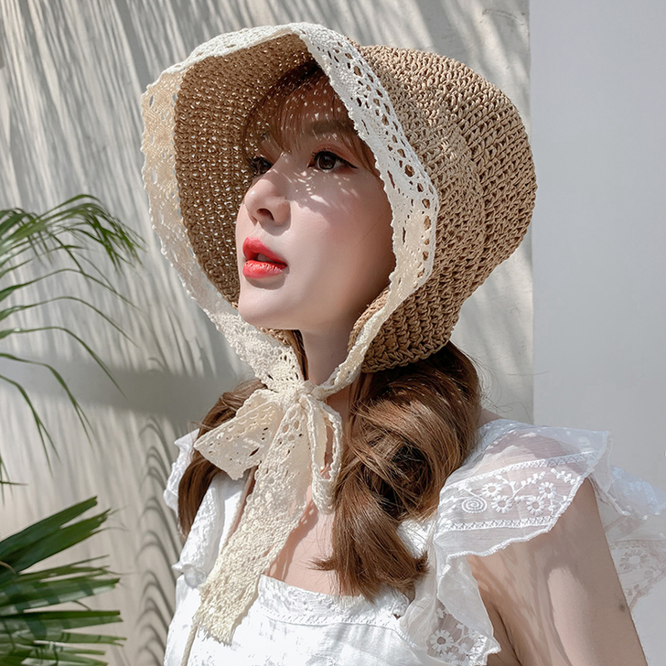 网红草帽女夏蕾丝系带沙滩帽小清新海边出游度...