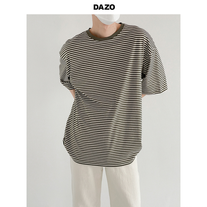 DAZO 韩国条纹短袖男夏季T恤宽松百搭圆...