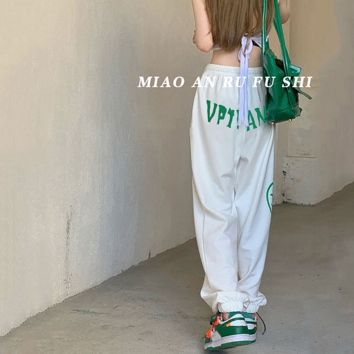 白色运动裤女宽松束脚裤2021新款高腰显瘦...