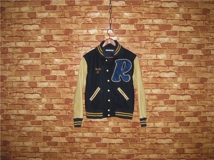古着真皮二手vintage牛皮袖毛呢棒球服...