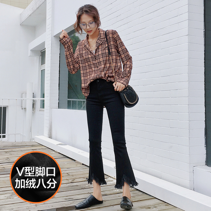 加绒喇叭牛仔裤