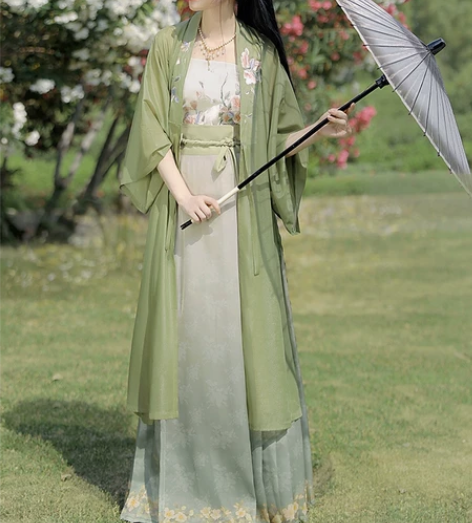 出柒邑汉服明制合领衫【玉茗茶】,绿色套装,...