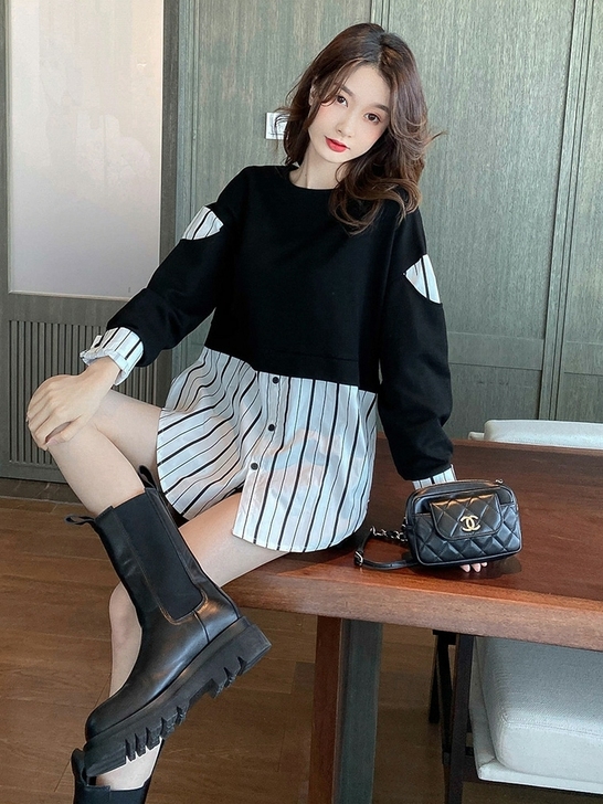 秋装假两件衬衣女士拼接条纹长袖上衣百搭宽松...