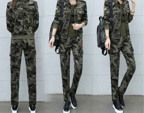 户外春秋新款韩版针织迷彩服套装女帅气军装两...