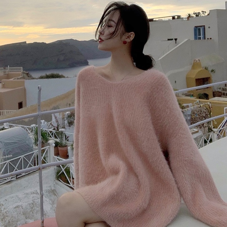 【焕新价】粉色水貂绒v领套头毛衣女秋冬新款...