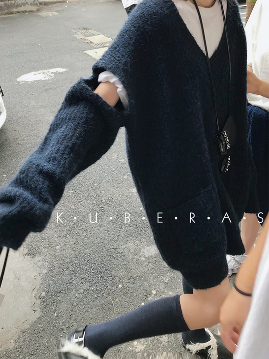 v领破洞设计打底毛衣女中长款宽松慵懒风20...