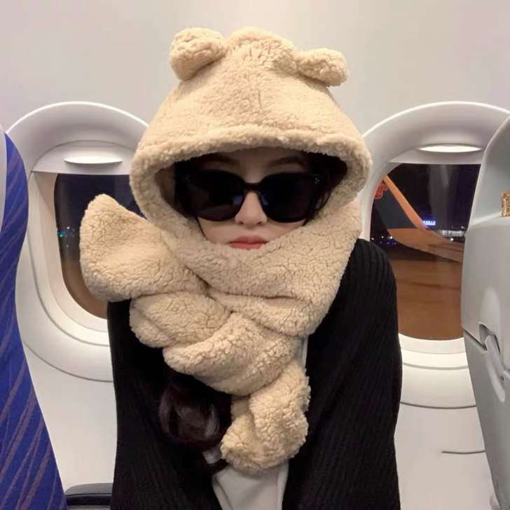 Jennie同款小熊毛绒帽子围巾一体米白色...