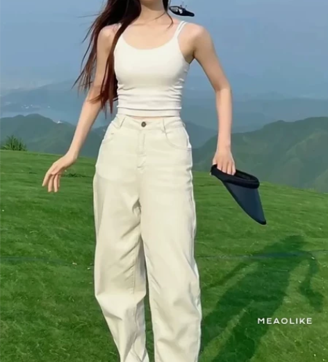 赵露思同款奶白色直筒牛仔裤女秋冬季加绒小个...