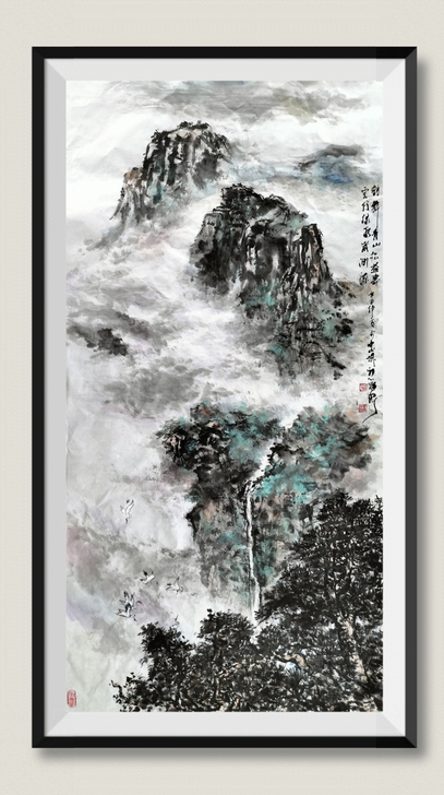 四尺整纸山水《鹤舞青山松益寿