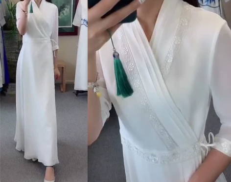 连衣裙抖音同款中国风茶服女收腰白色汉服改良...