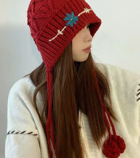 手工钩花流苏绑带毛线帽子女冬季保暖花护耳针...