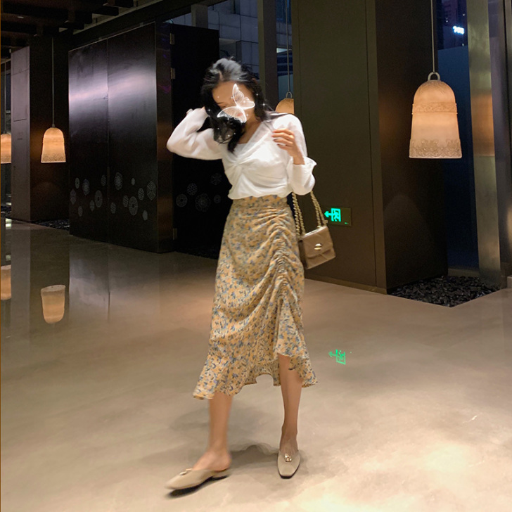 高腰修身显瘦气质碎花雏菊抽绳中长款半身裙