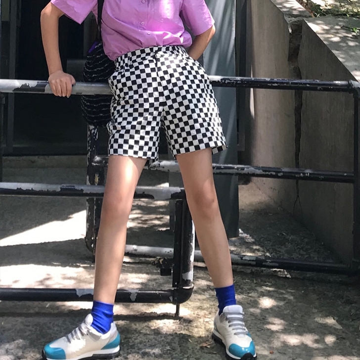 王少女格子短裤女夏季2018新款时尚宽松高...