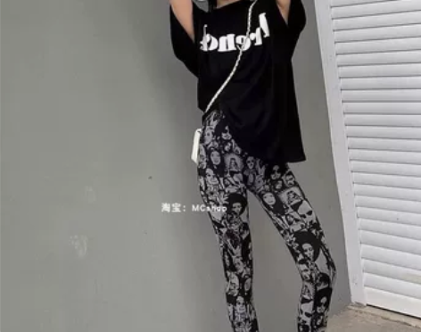 欧美风人像涂鸦百搭高腰弹力性感紧身运动瑜伽...