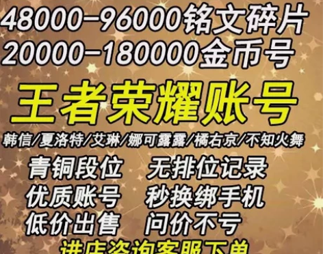 王者荣耀账号/安卓Q区金币号/永久满级铭文...