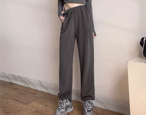 灰色运动裤女秋冬垂感休闲显瘦抽绳直筒卫裤小...