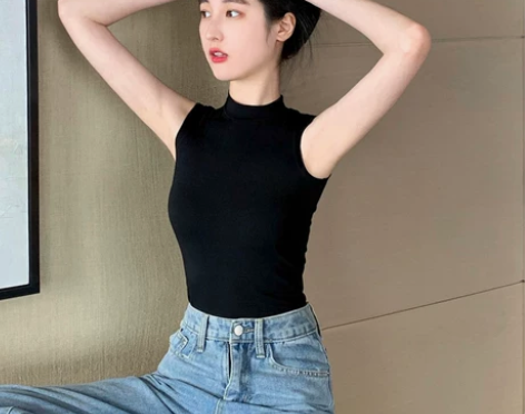 黑色打底无袖背心女夏外穿t恤设计感中领纯棉...